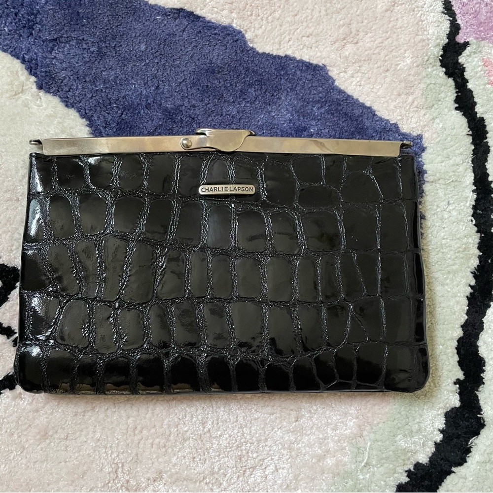 Charlie Lapson black croc embossed clutch handbag silver hardware chains purse